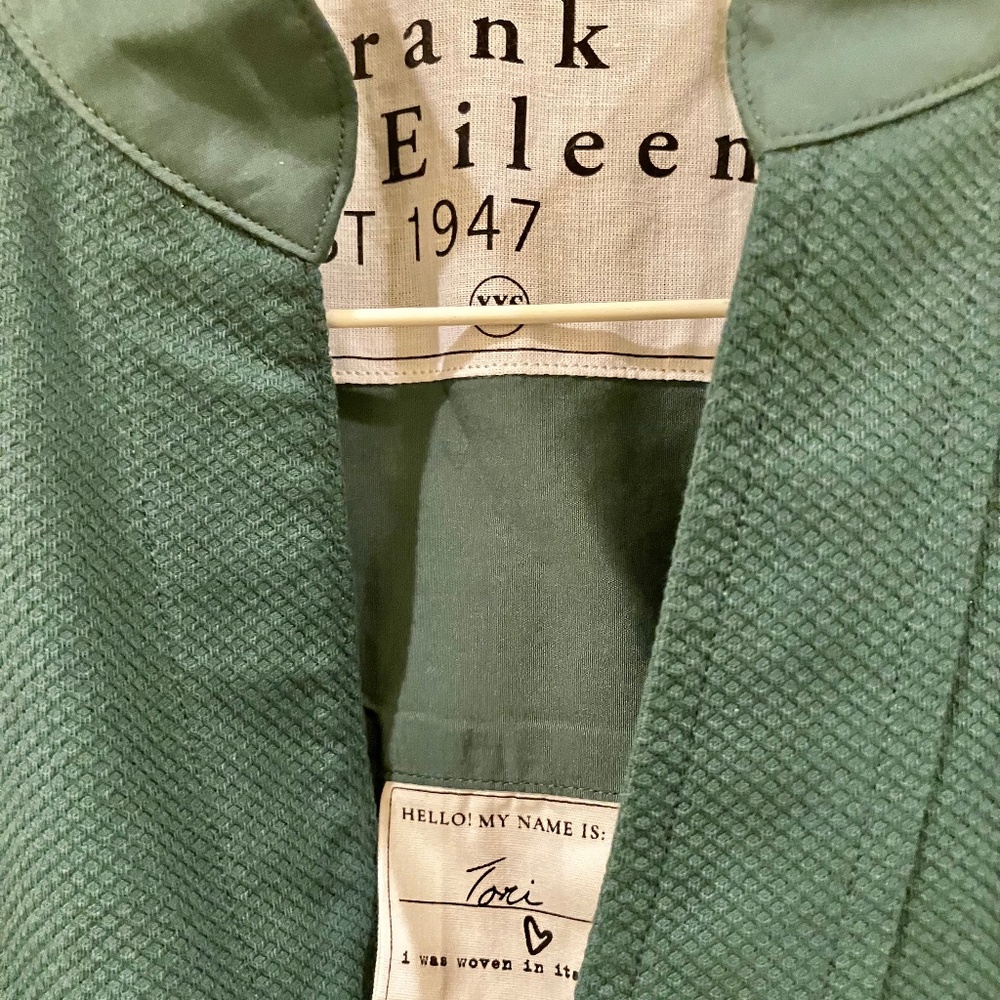 Frank & Eileen Tori” Italian Cotton Tuxedo Button Up Shirtdress Green W Pockets - Picture 6 of 7